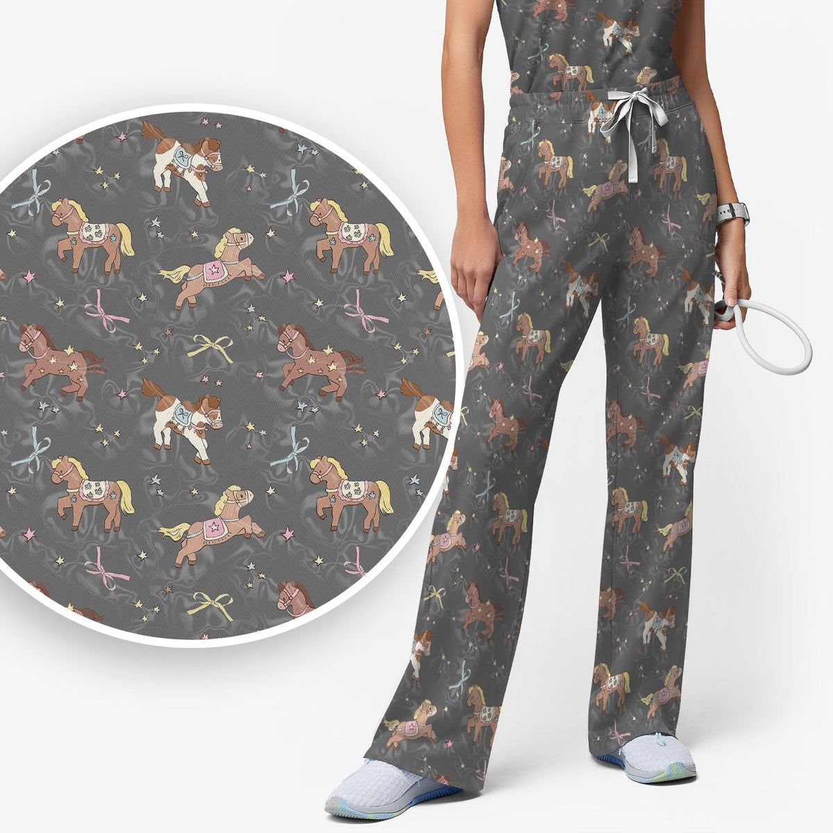 Cute Pony Star Pattern Scrub Set, Breathable Med Uniform