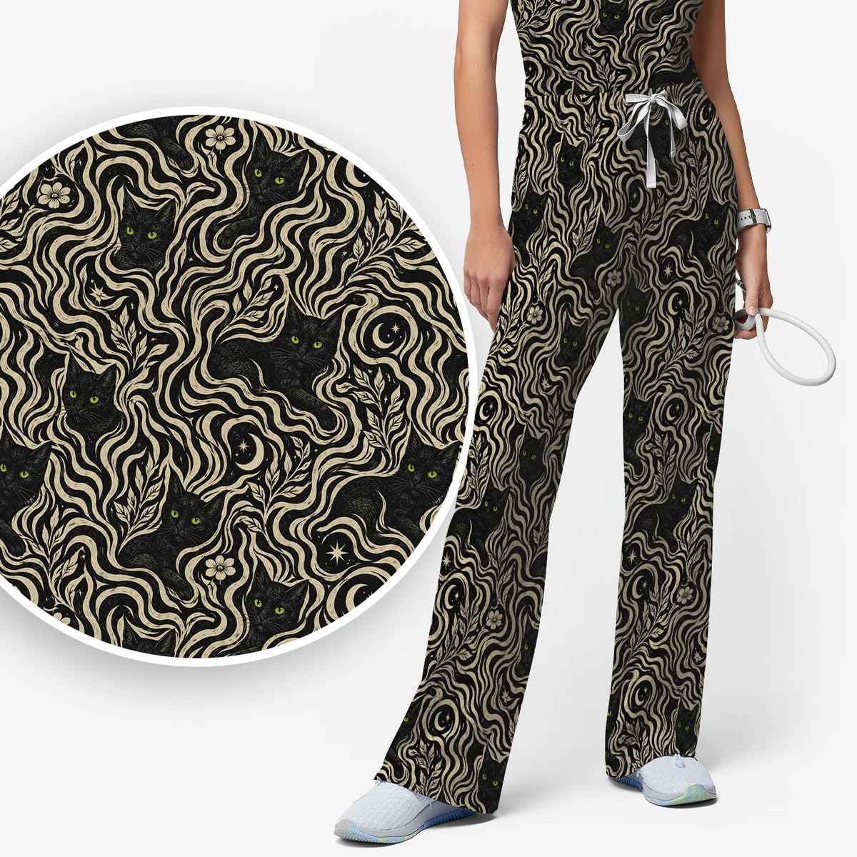 Mystical Black Cat Moonlit Nurse Scrub Set