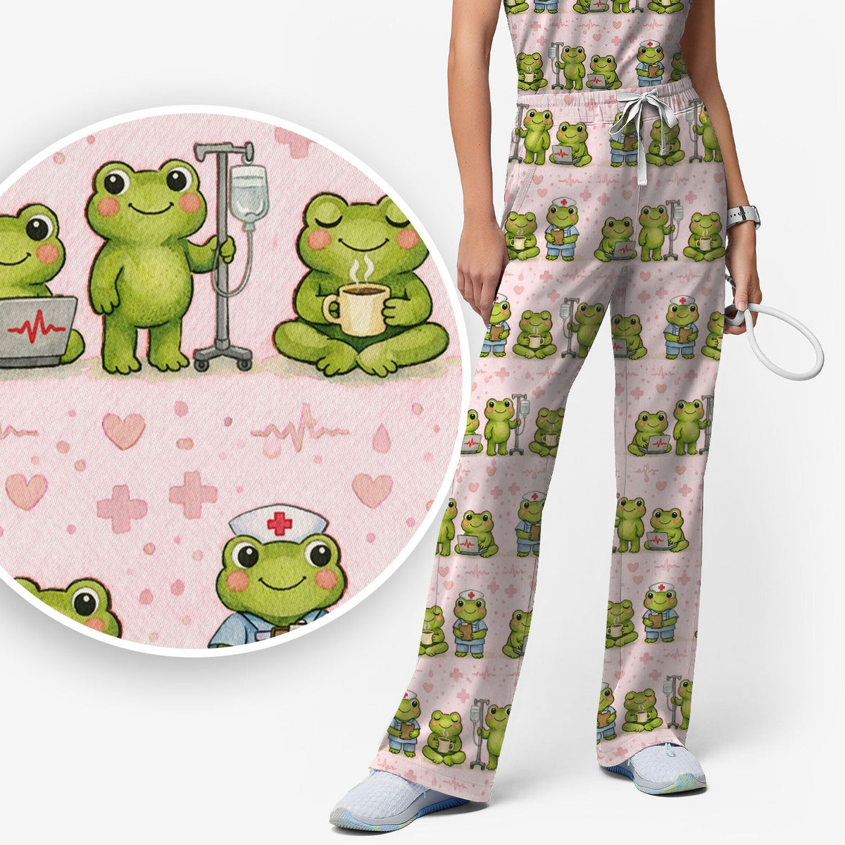 Adorable Frog Various Poses Nurse Scrub Set
