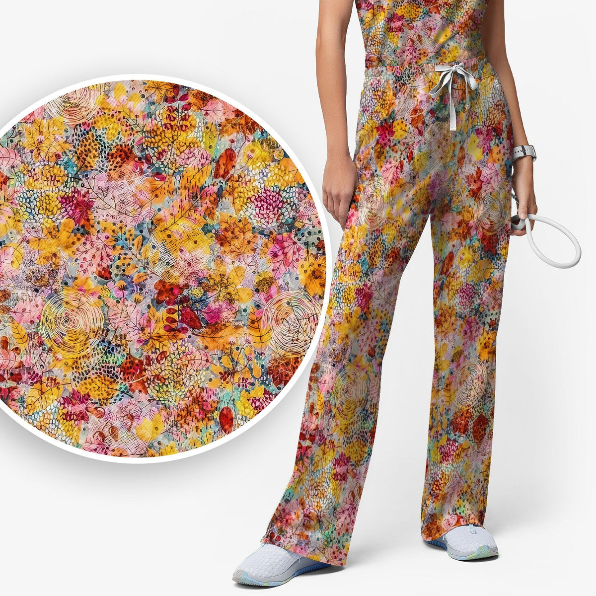 Autumn Floral Leaves Nurse Scrub Set