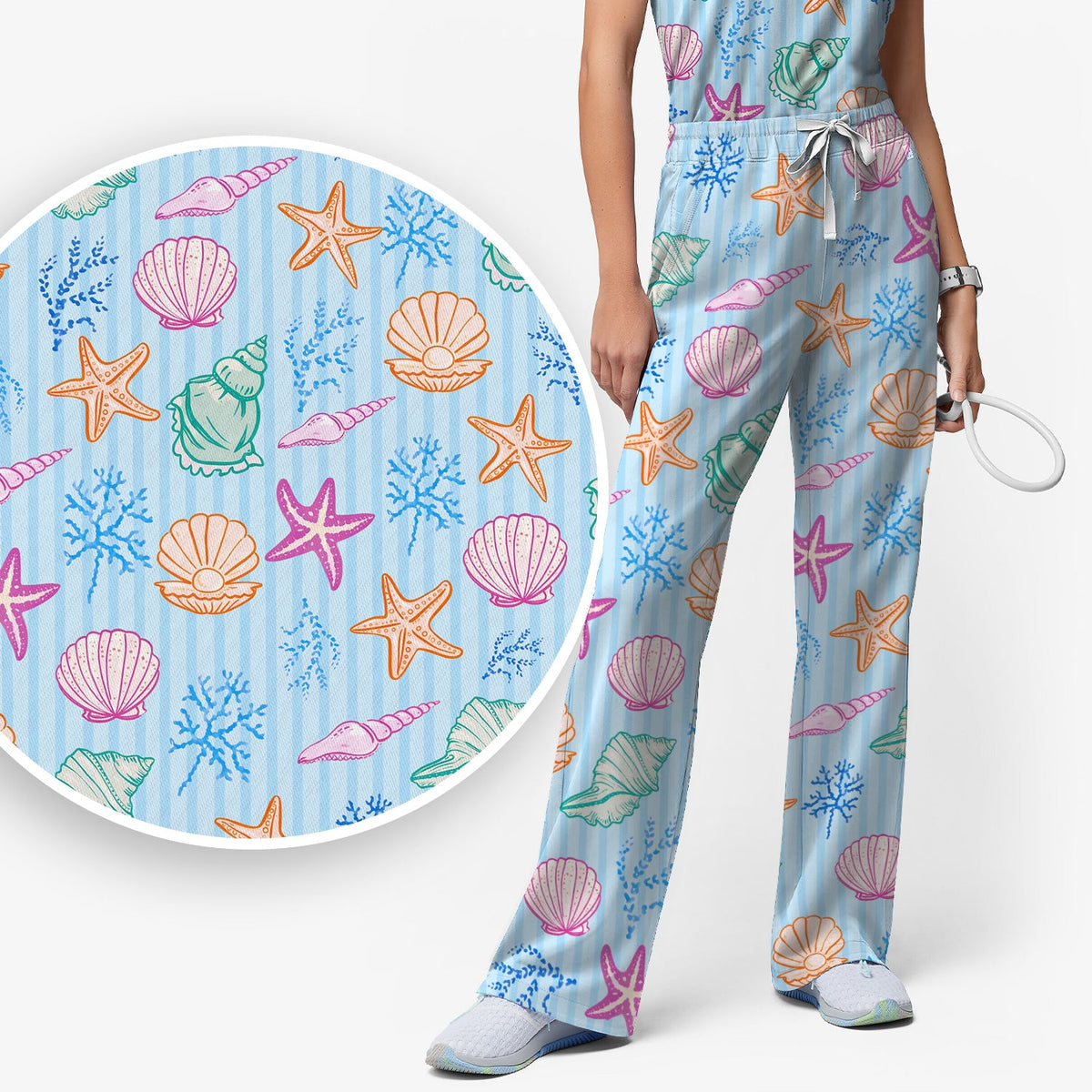 Colorful Seashell Starfish Ocean Stripe Nurse Scrub Set