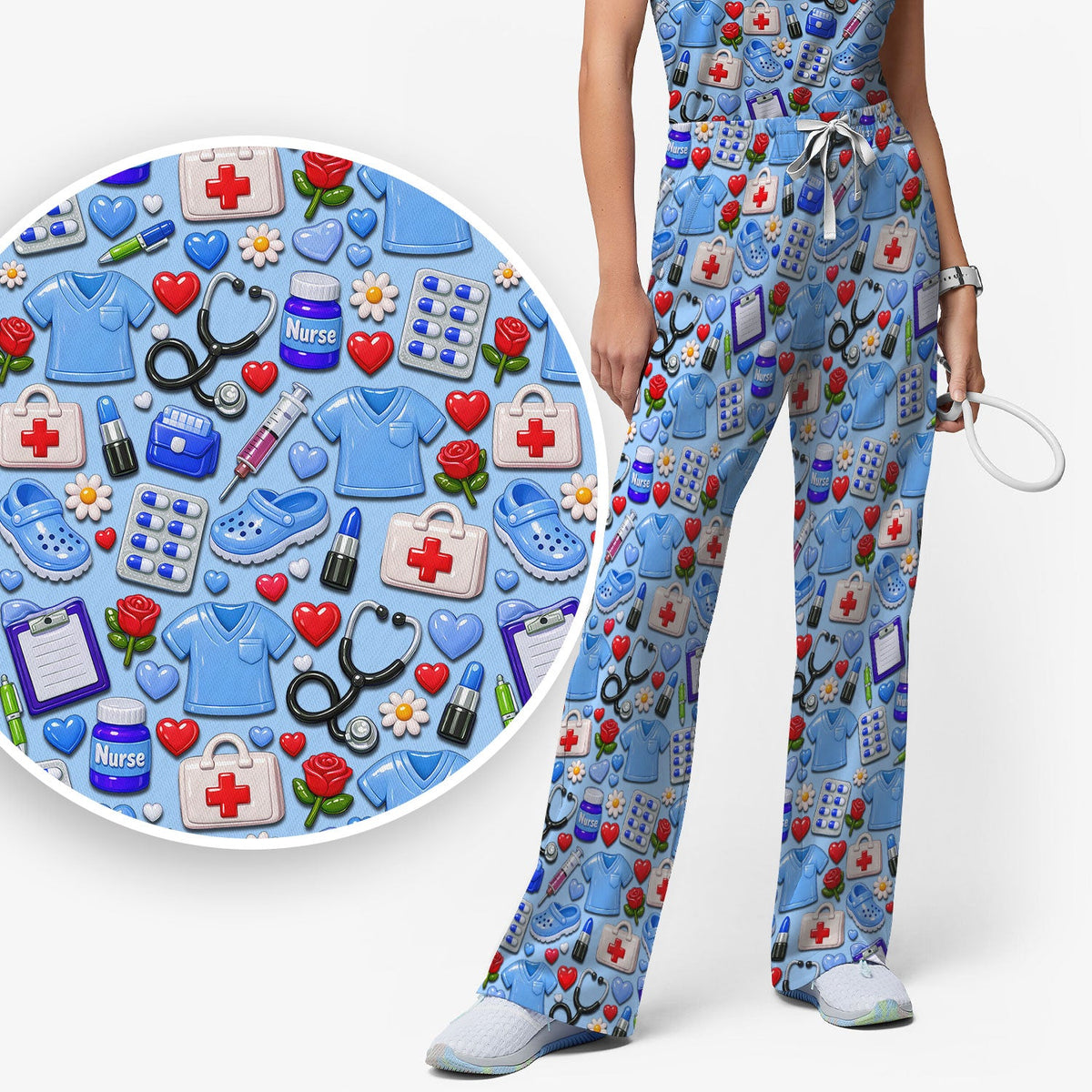 Medical Icons Scrub Set, Cute Pattern Nurse Shirt, Breathable Fabrics Nursing Uniform