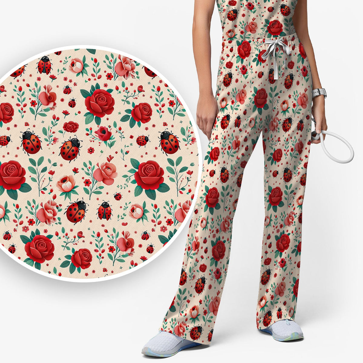 Ladybug Red Rose Floral Nurse Scrub Set