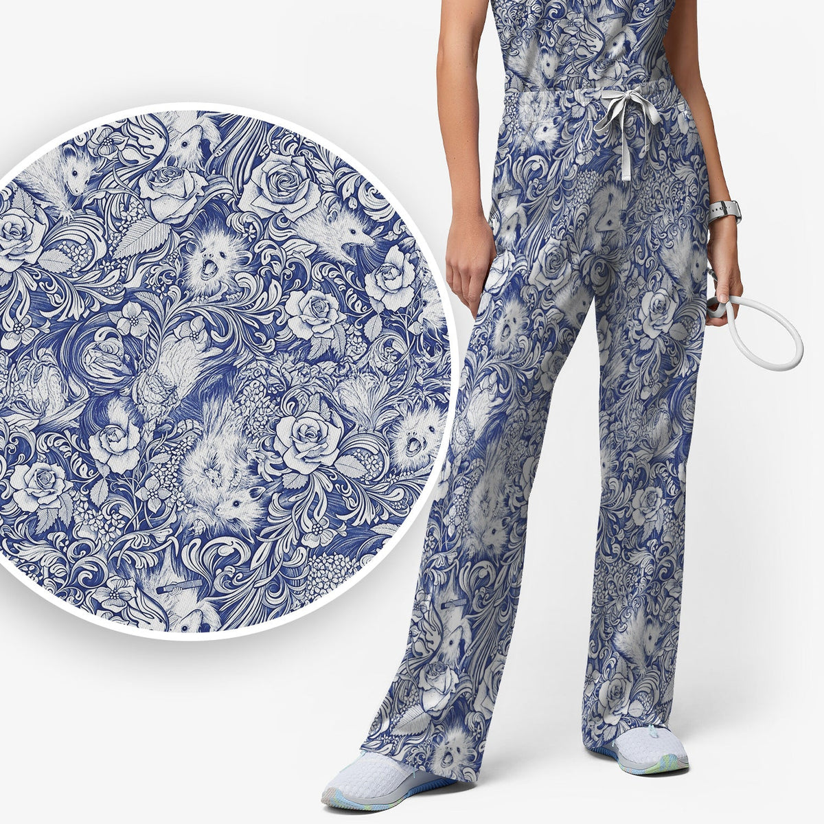 Blue Floral Opossum And Roses Nurse Scrub Set