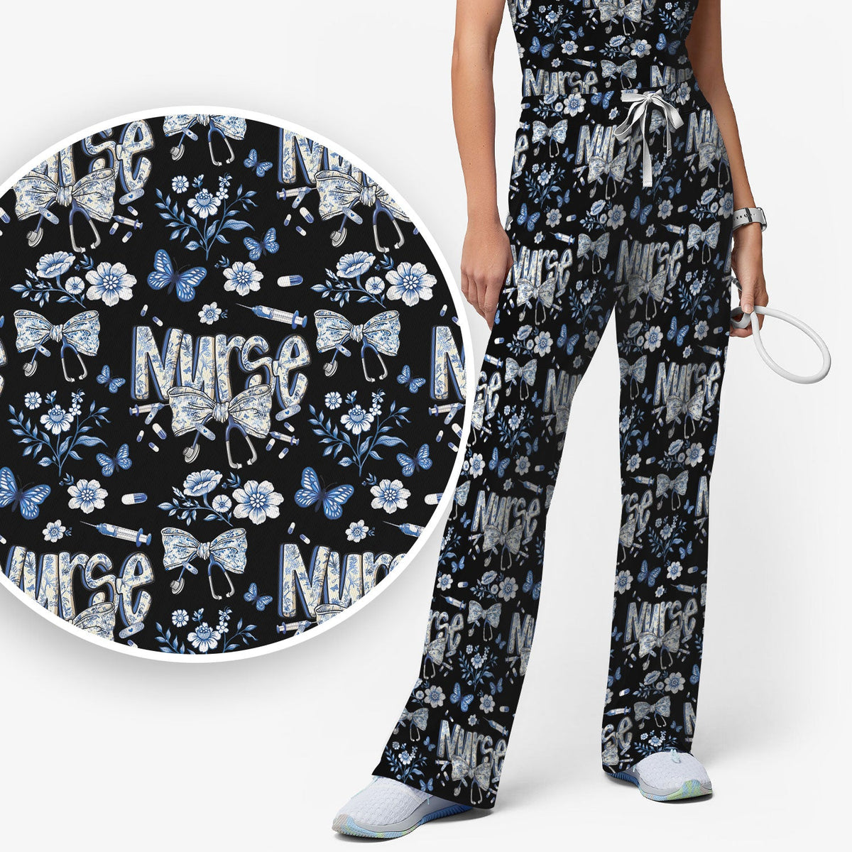 Blue Nurse Bow Butterfly Floral Scrub Set