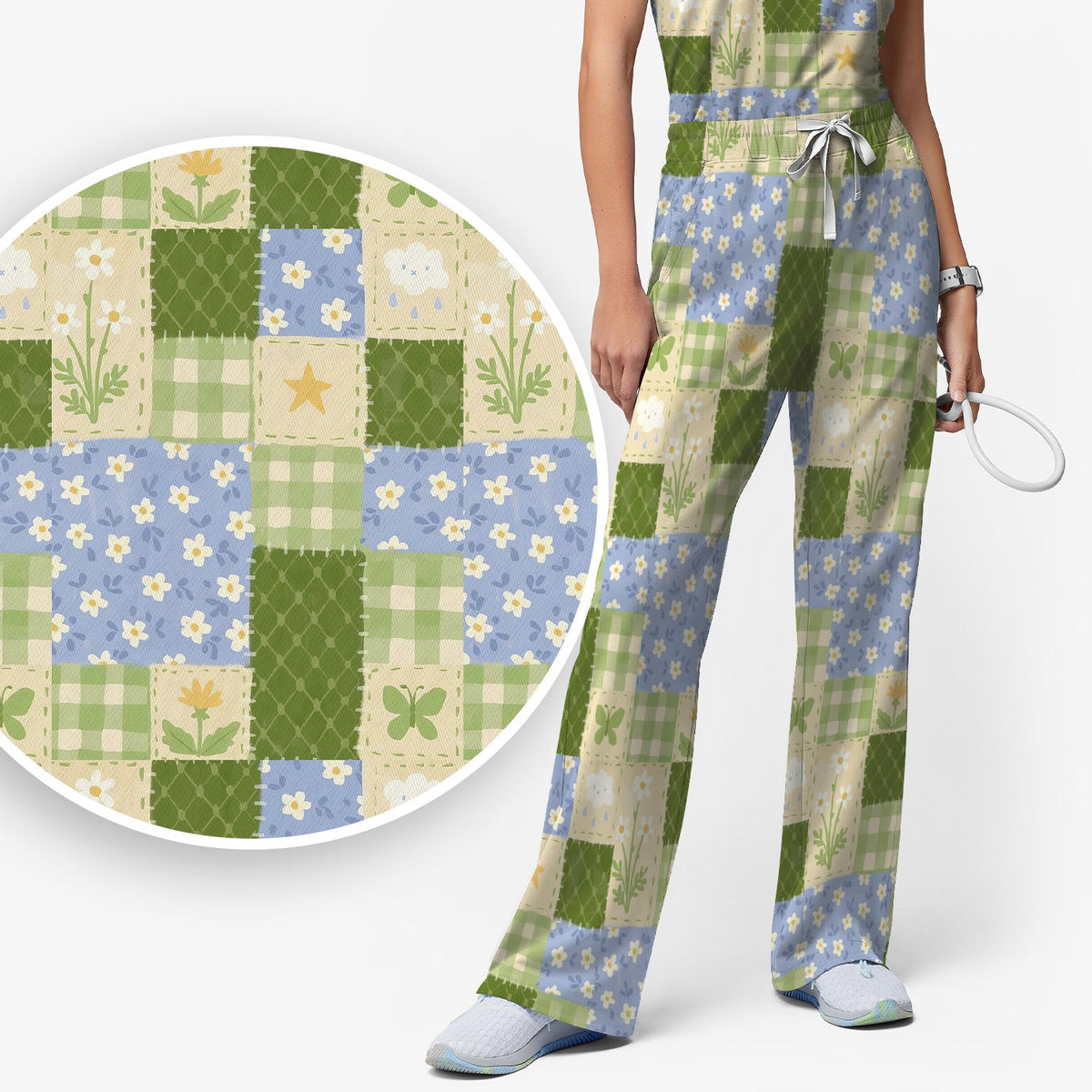 Green Patchwork Clover Floral Nurse Scrub Set