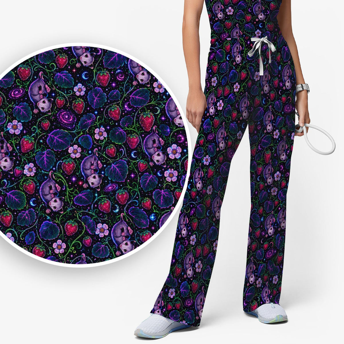Galaxy Strawberry Opossum Nurse Scrub Set