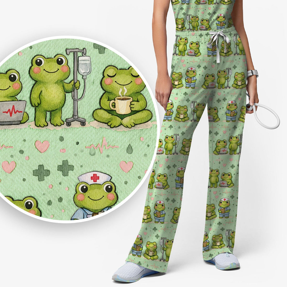 Adorable Frog Various Poses Nurse Scrub Set