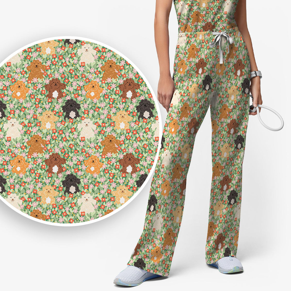 Poodle Dogs Floral Nurse Scrub Set