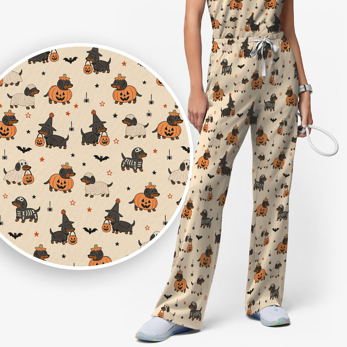 Dachshund Pattern Nurse Scrub Set - Halloween Gift