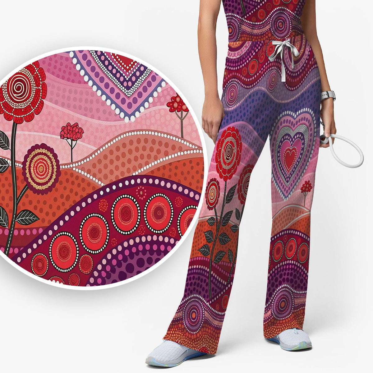 Boho Dot Art Valentine Scrub Set, Artistic Heart Pattern Nurse Shirt, Comfortable Scrubs For Nursing
