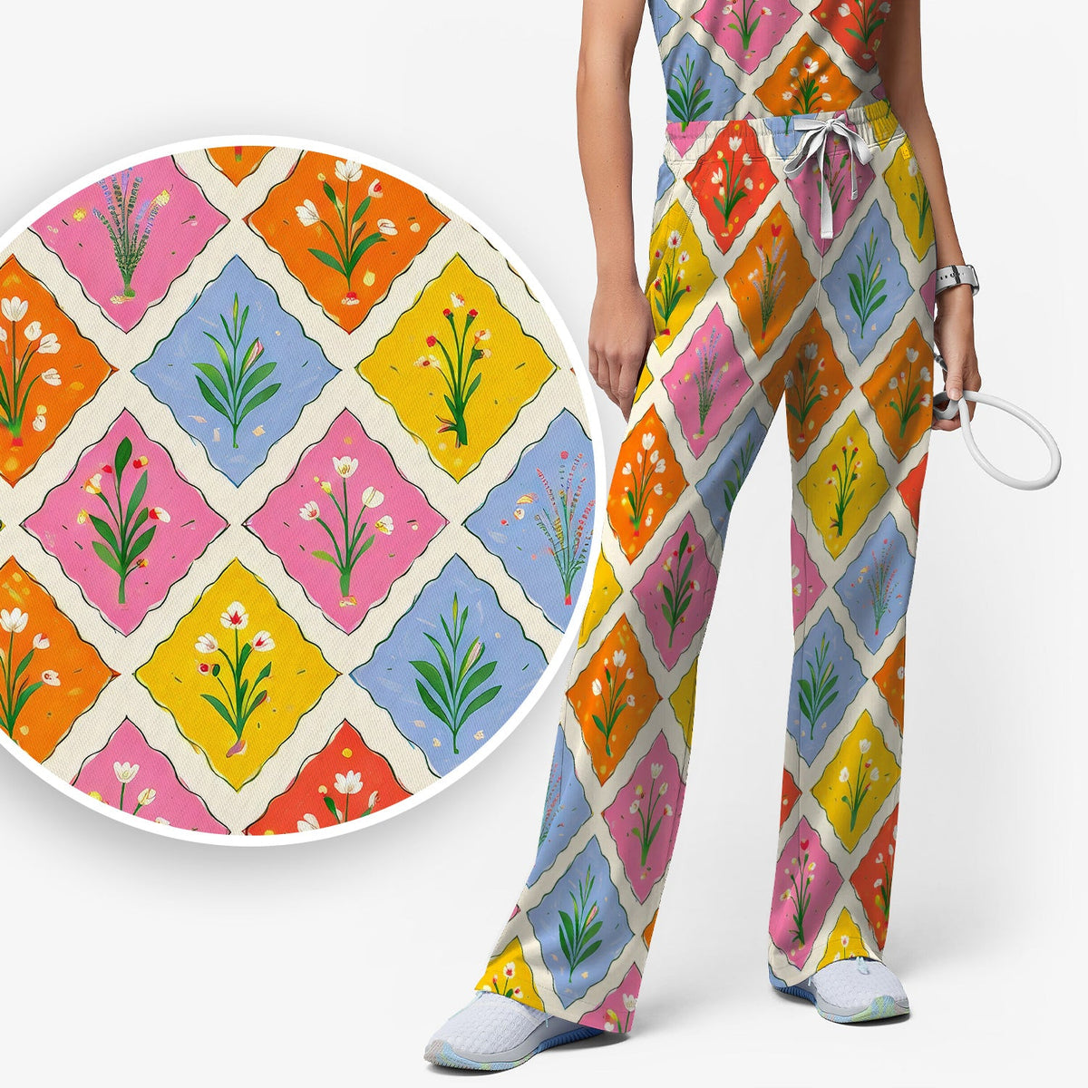 Colorful Floral Tile Nurse Scrub Set