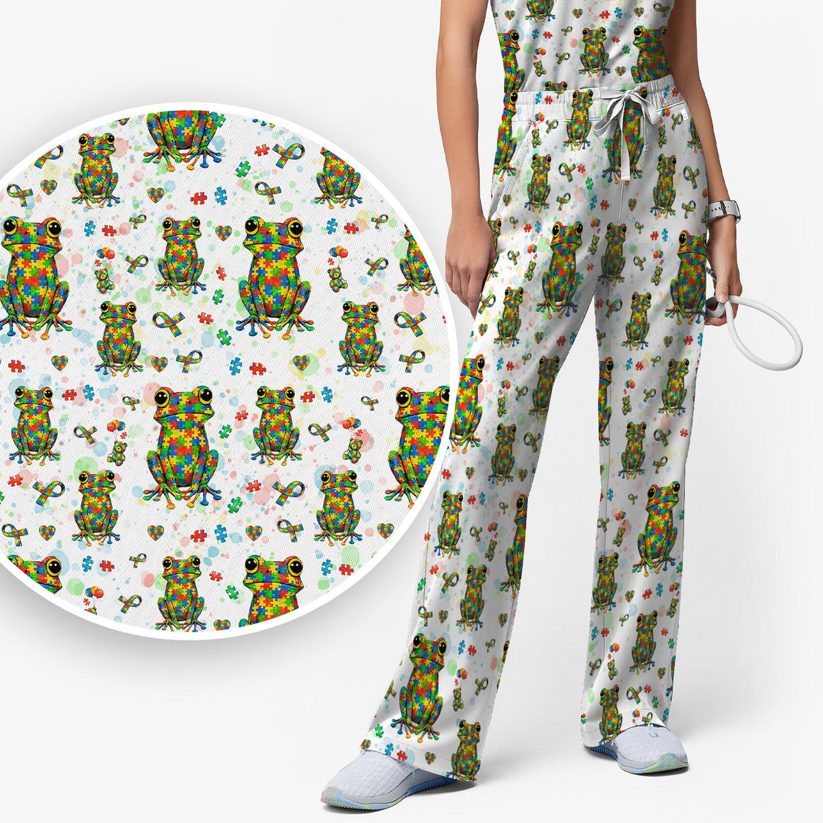 Colorful Autism Puzzle Frog Nurse Scrub Set