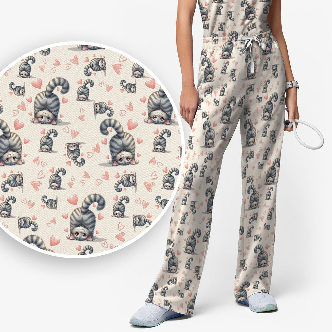 Valentine Cute Cat Heart Nurse Scrub Set
