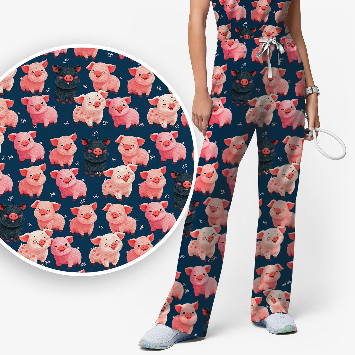 Funny Farm Pig Cartoon Pattern Scrub Set, Nurse Uniform Scrubs Set