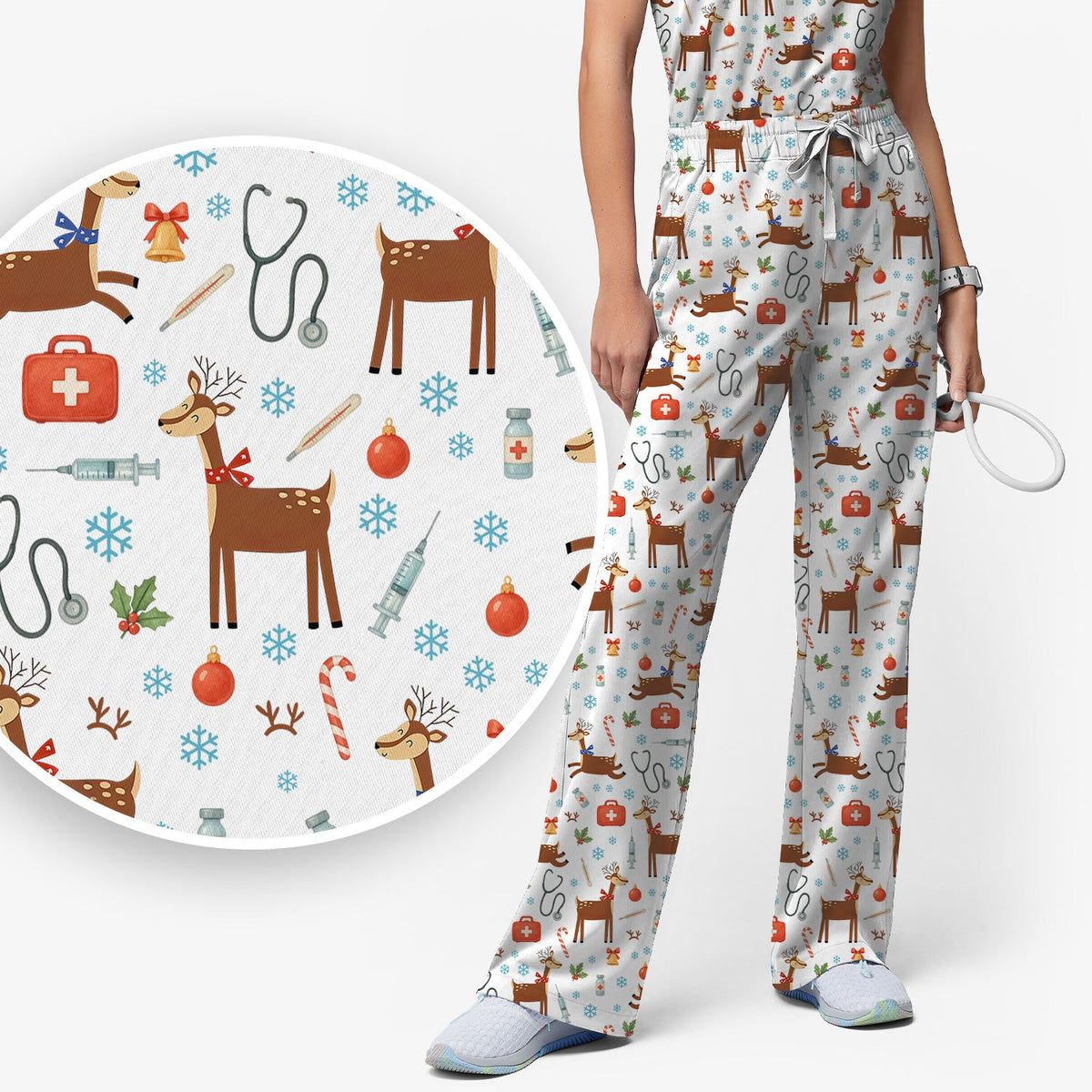 Christmas Reindeer Snowflakes Candy Cane Nurse Scrub Set