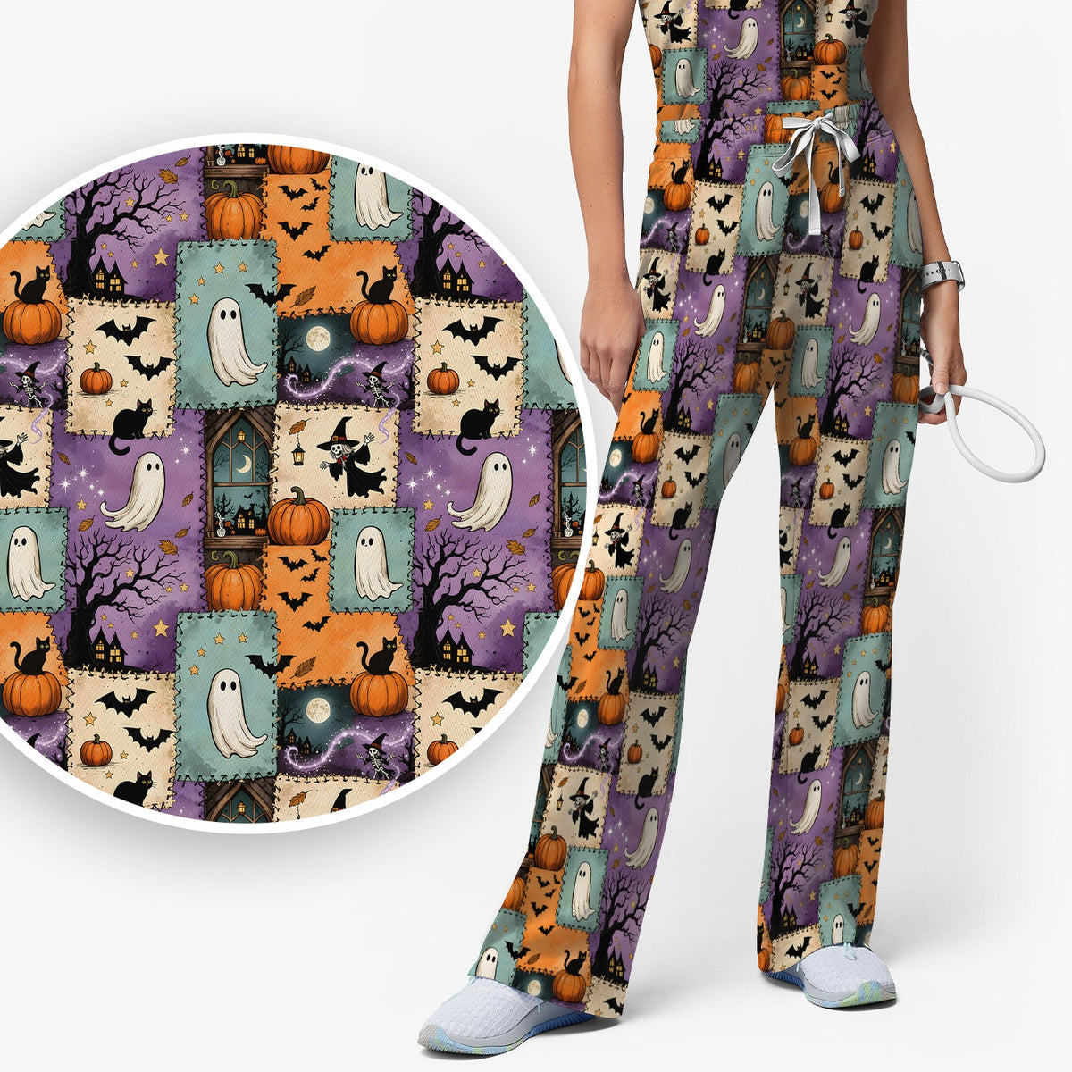 Spooky Ghost Black Cat Patchwork Nurse Scrub Set
