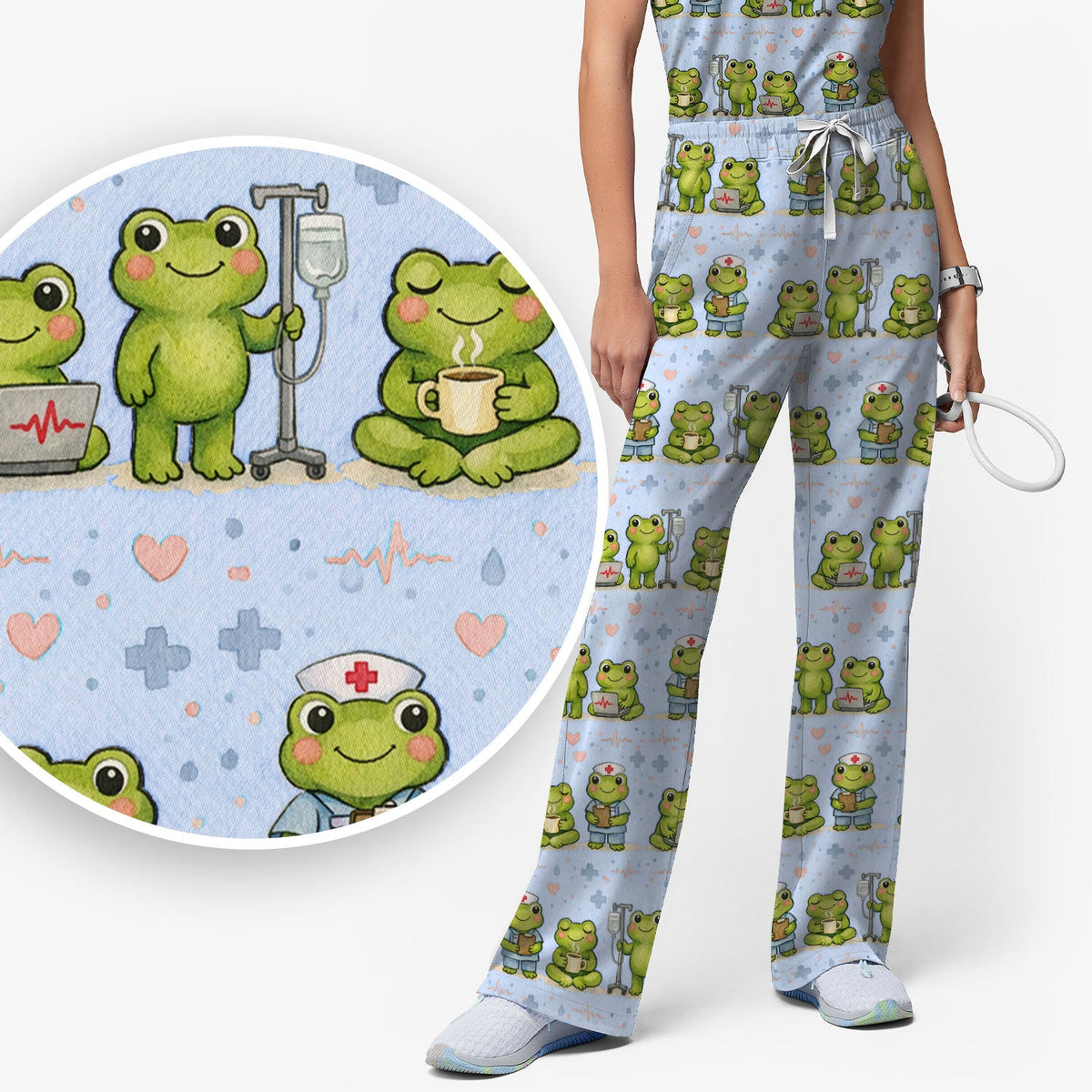 Adorable Frog Various Poses Nurse Scrub Set