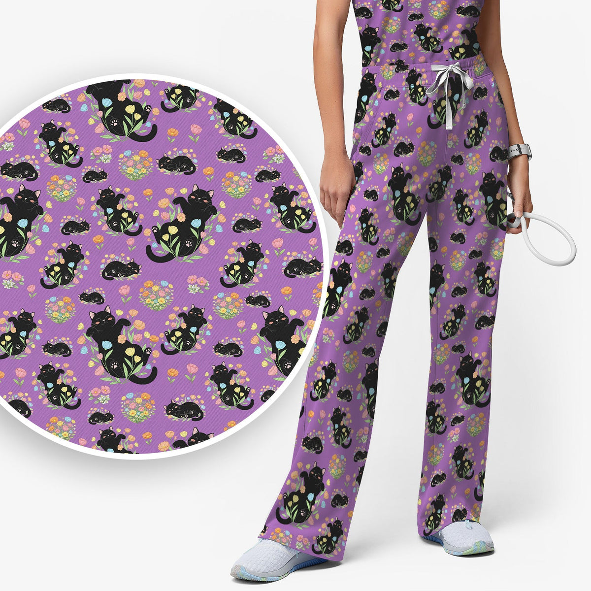 Cats Cute Poses Floral Nurse Scrub Set