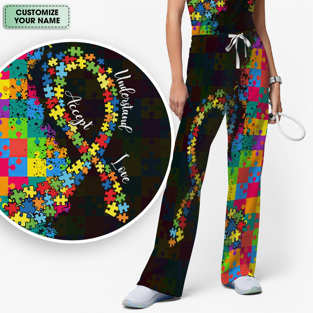 Personalized Autism Awareness Puzzle Ribbon Nurse Scrub Set