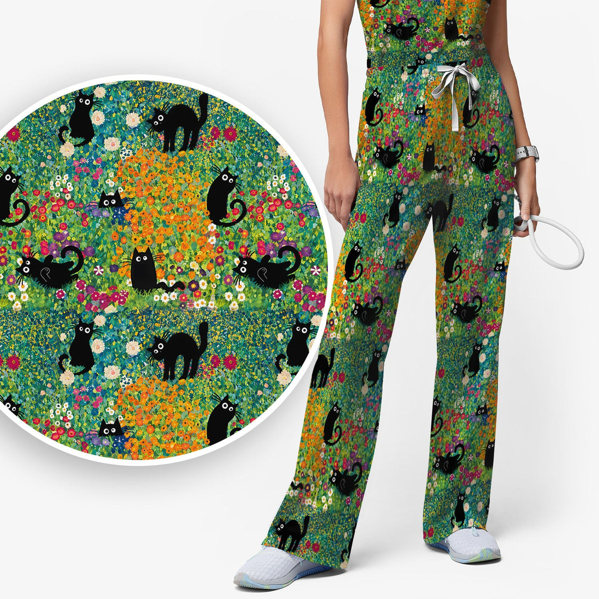 Black Cat Flower Garden Nurse Scrub Set