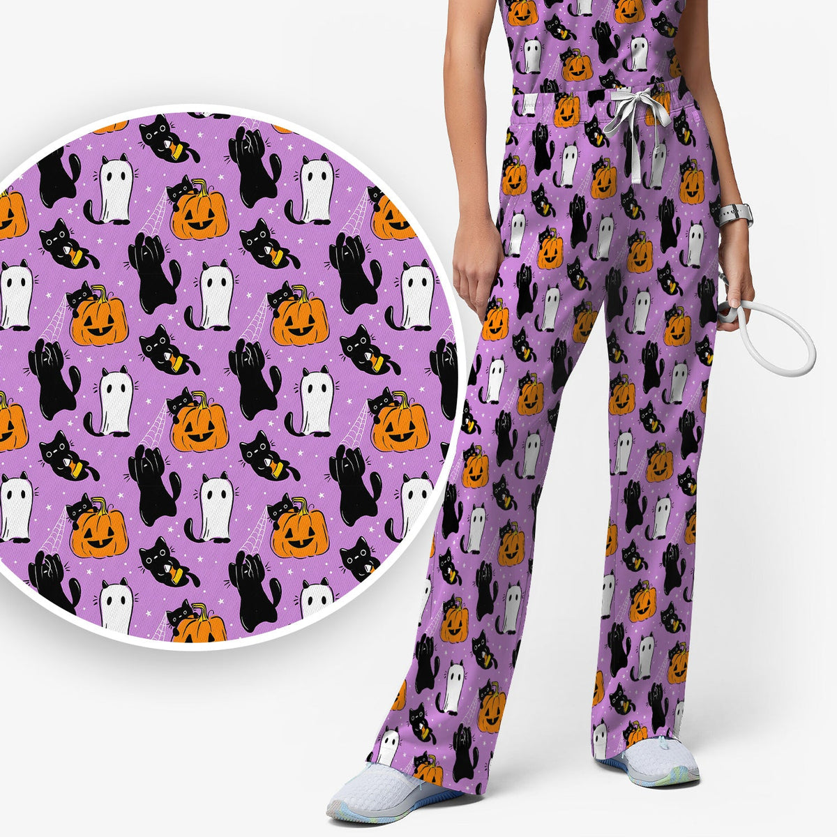 Purple Halloween Black Cat Nurse Scrub Set