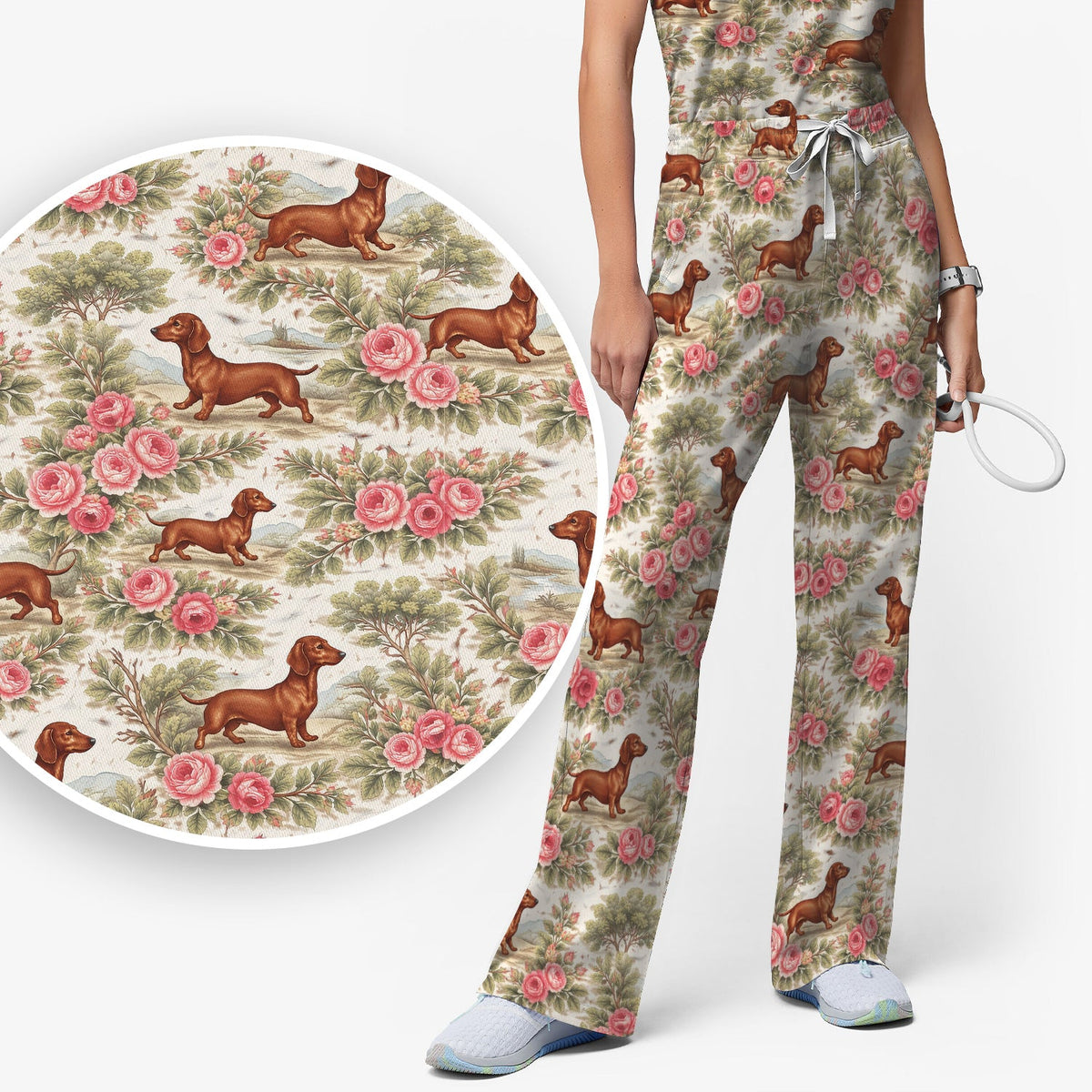 Vintage Dachshund Rose Floral Nurse Scrub Set