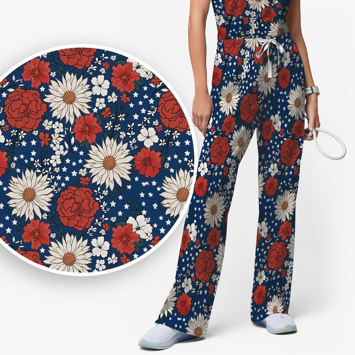 Red White Blue Floral Nurse Scrub Set