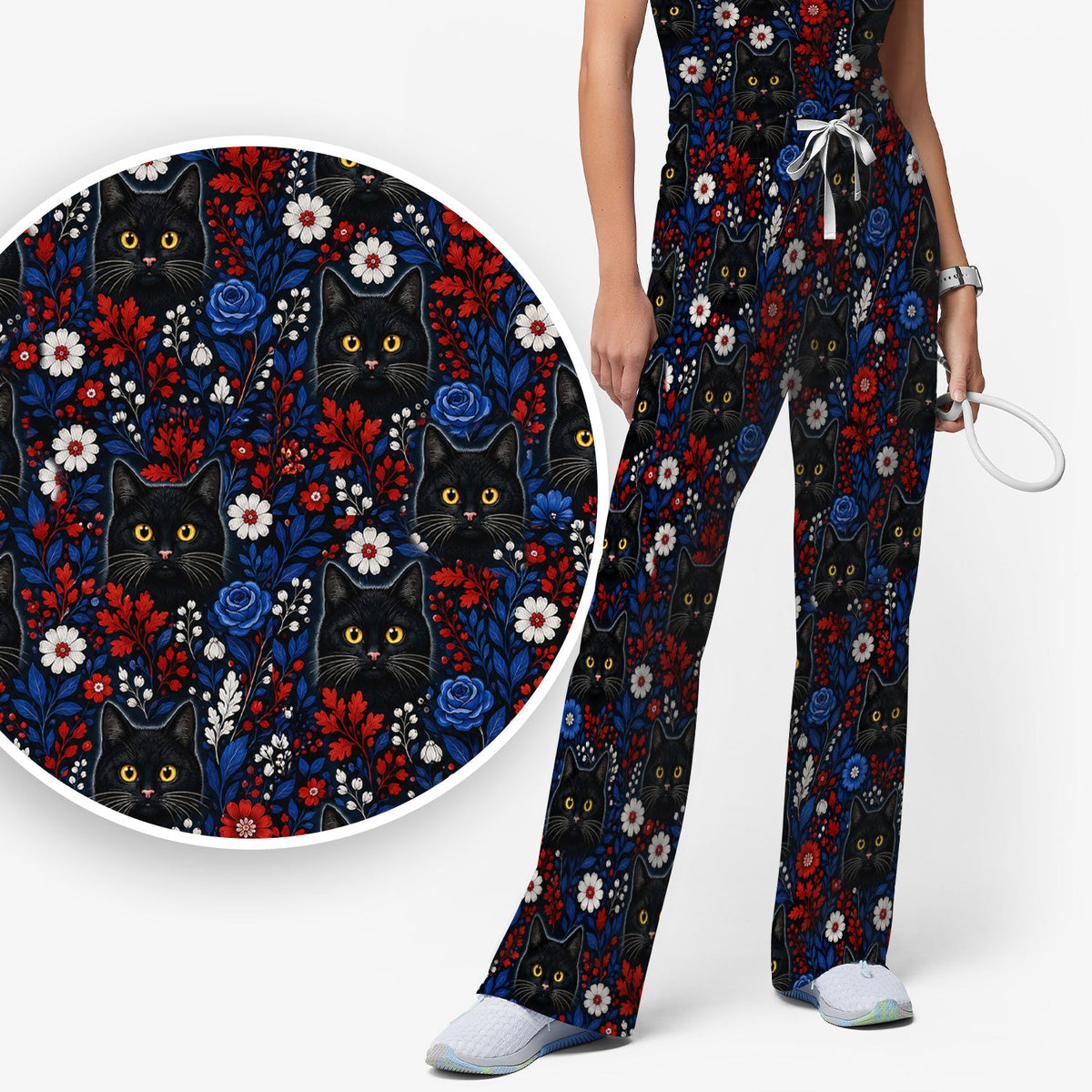 Black Cat Nurse Floral Scrub Set