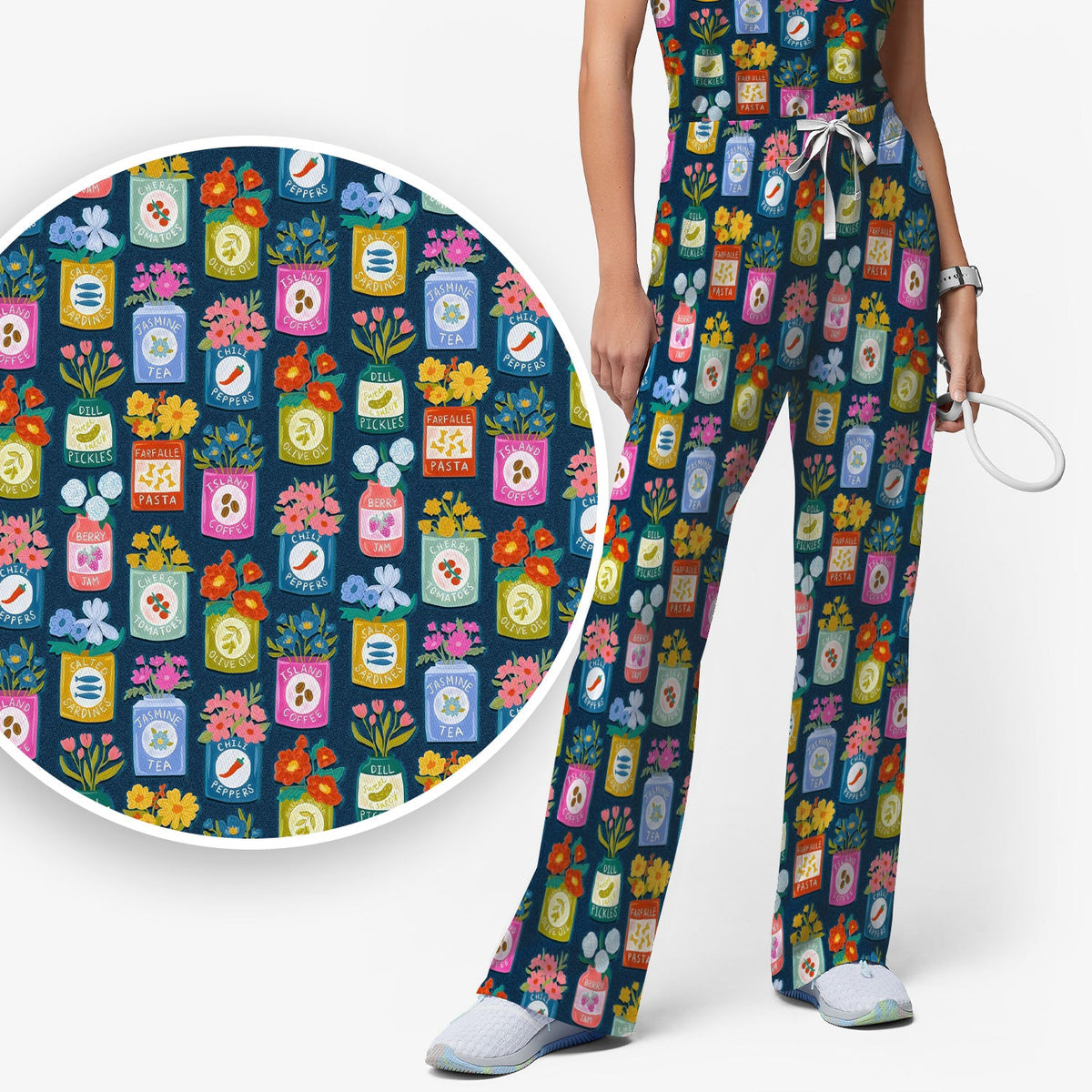Colorful Pantry Jars Flowers Nurse Scrub Set