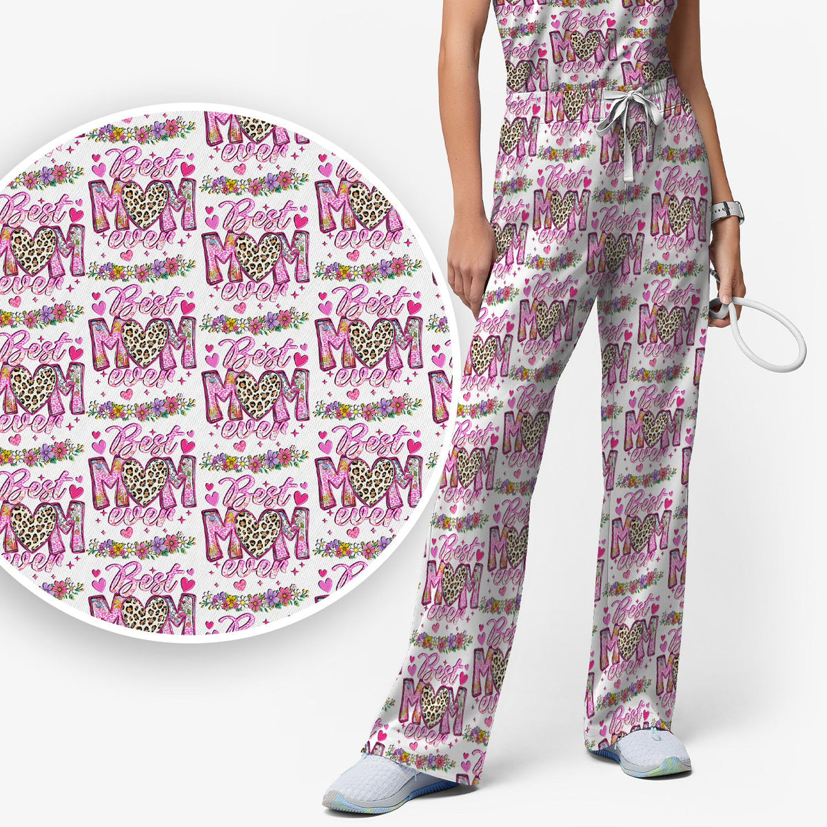 Best Mom Ever Leopard Heart Nurse Scrub Set