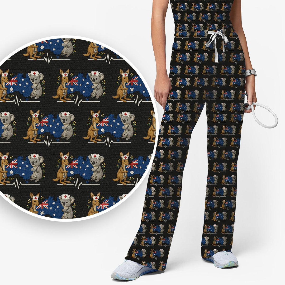 Australian Nurse Scrub Set, Cute Koala Kangaroo Heartbeat Pattern Shirt,  Breathable Fabrics Nursing Uniform