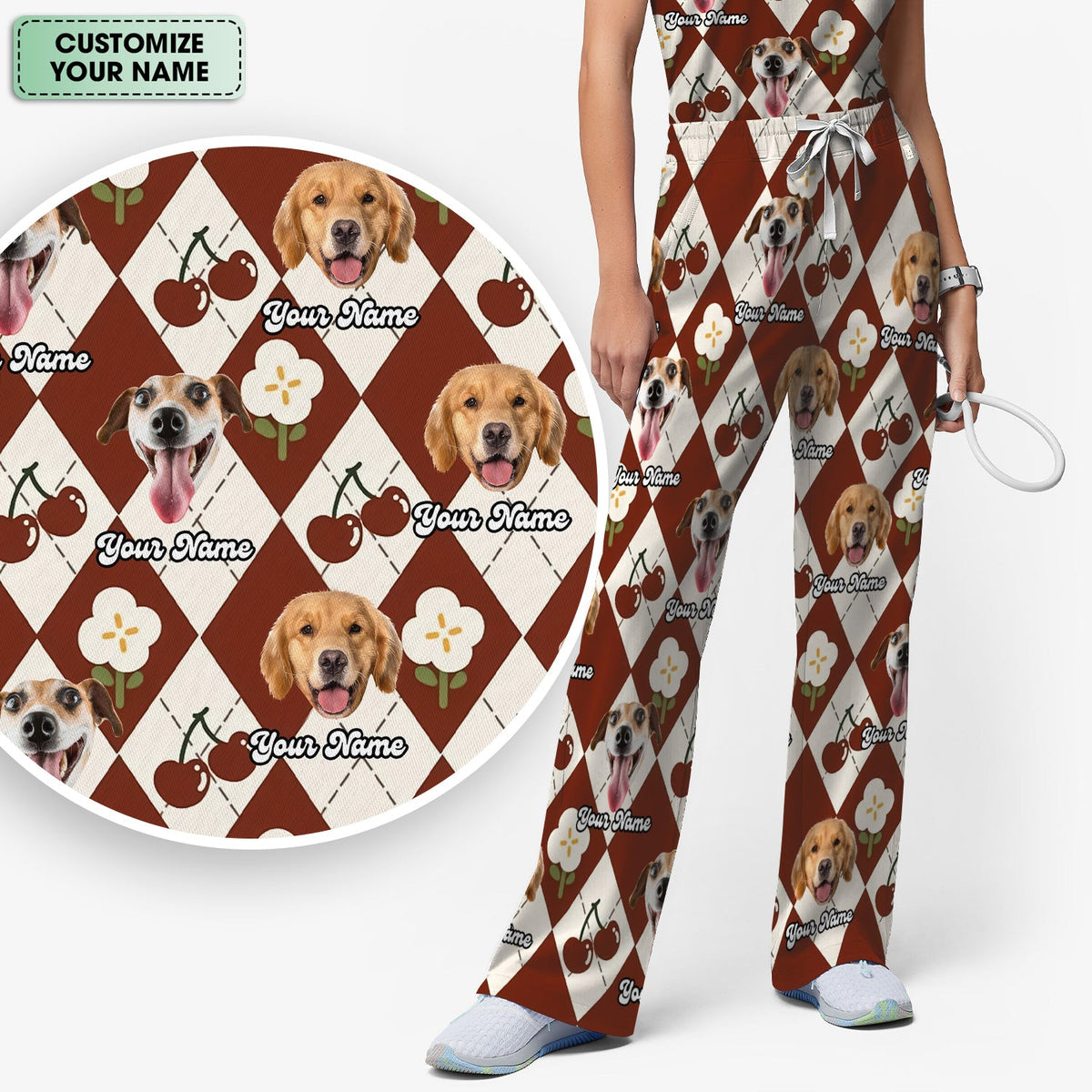 Dog Face Cherry Argyle Nurse Scrub Set