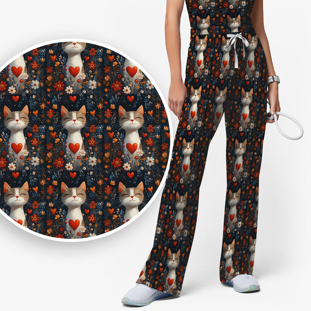 Cat Heart Floral Garden Nurse Scrub Set