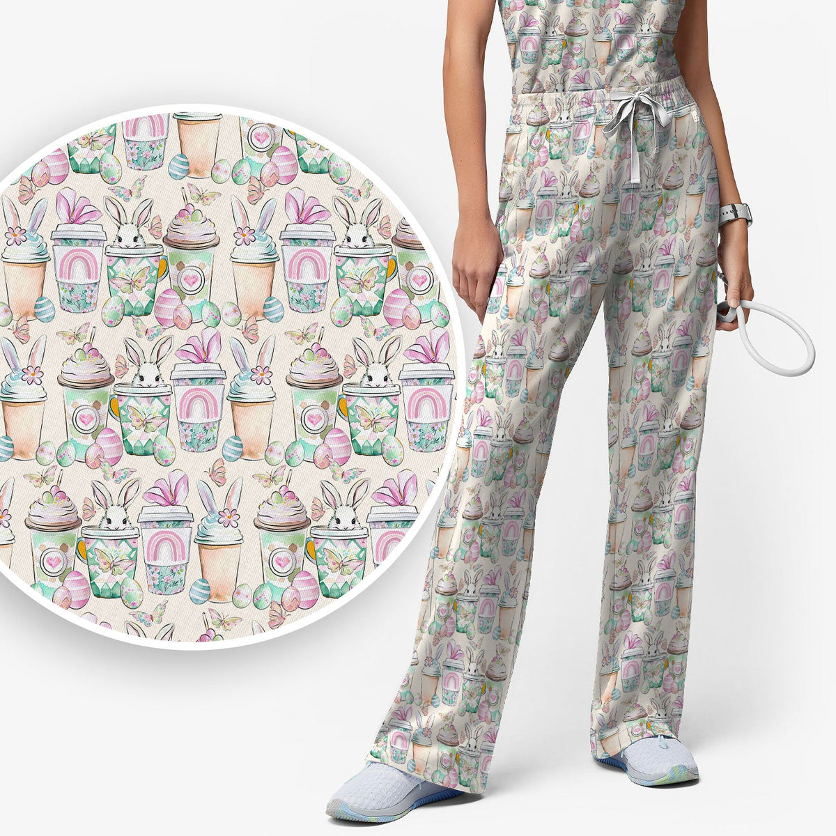 Bunny Coffee Cup Nurse Scrub Set - Easter Gift