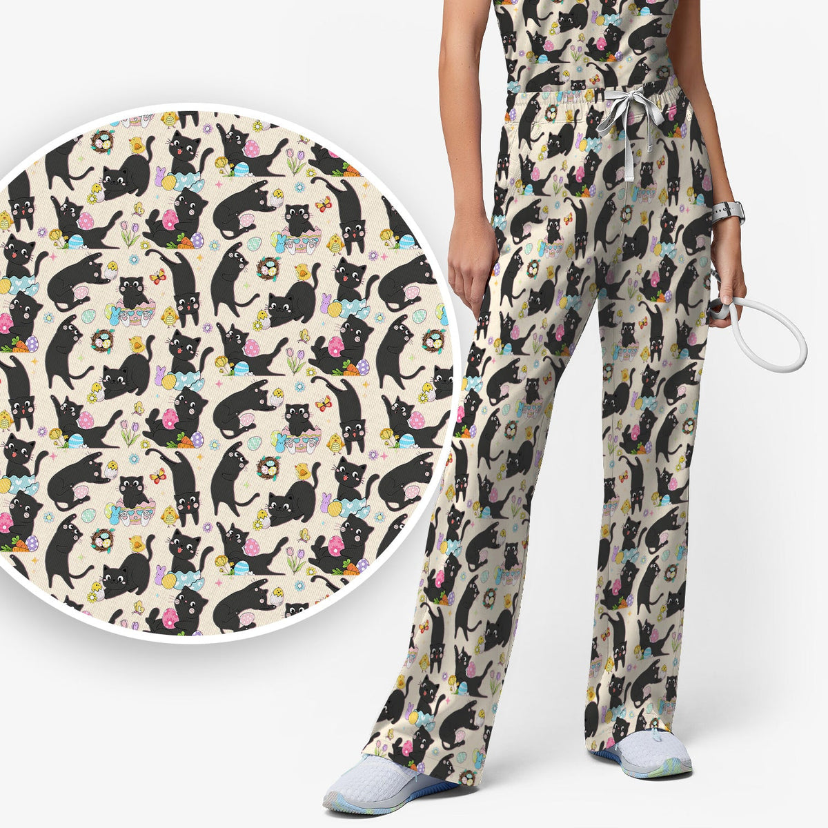Black Cat Easter Egg Nurse Scrub Set