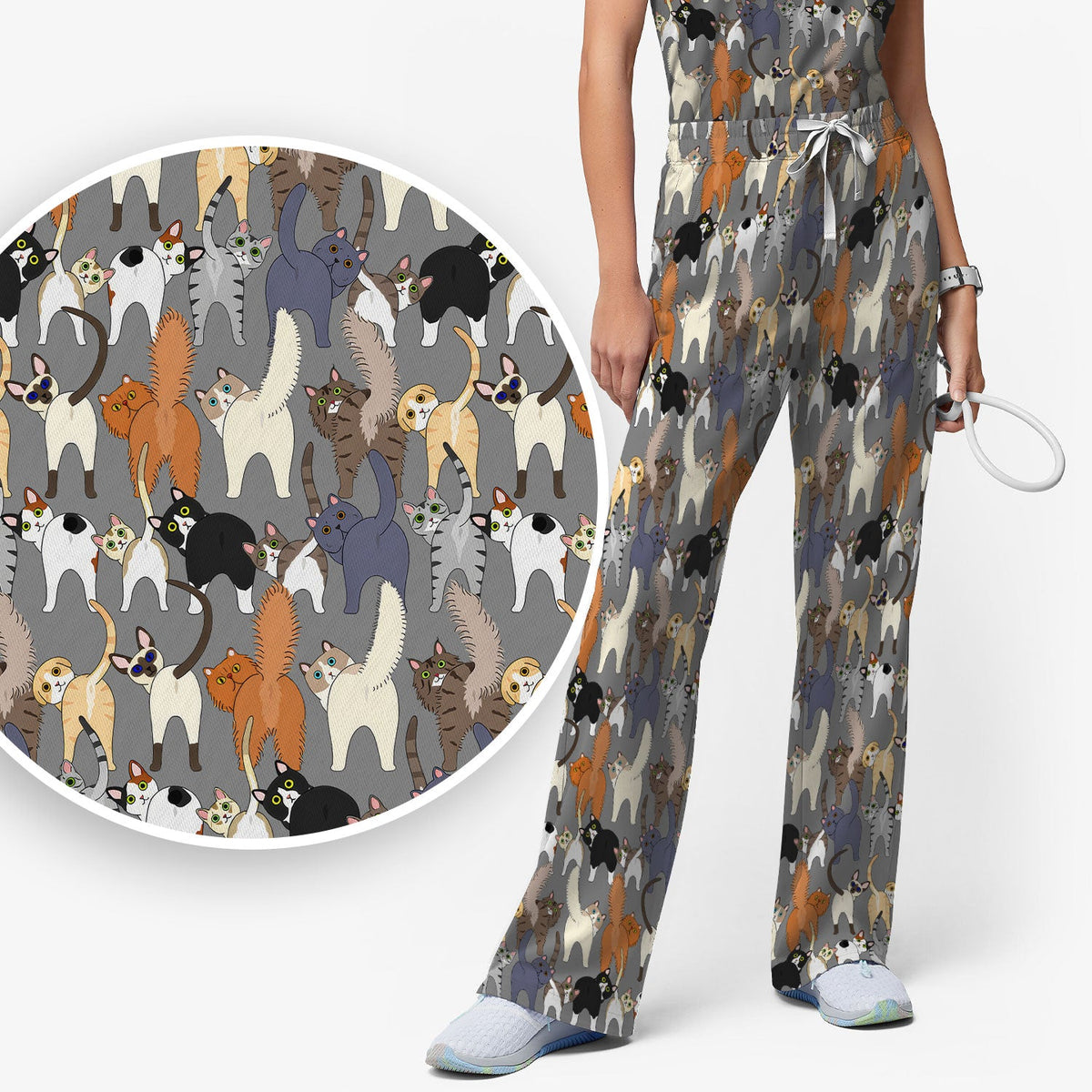 Whimsical Multicolor Cat Cartoon Nurse Scrub Set