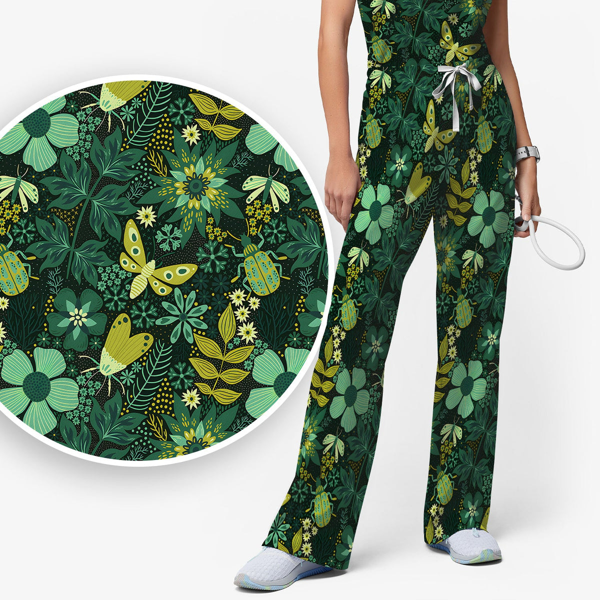Green Botanical Butterfly Nurse Scrub Set