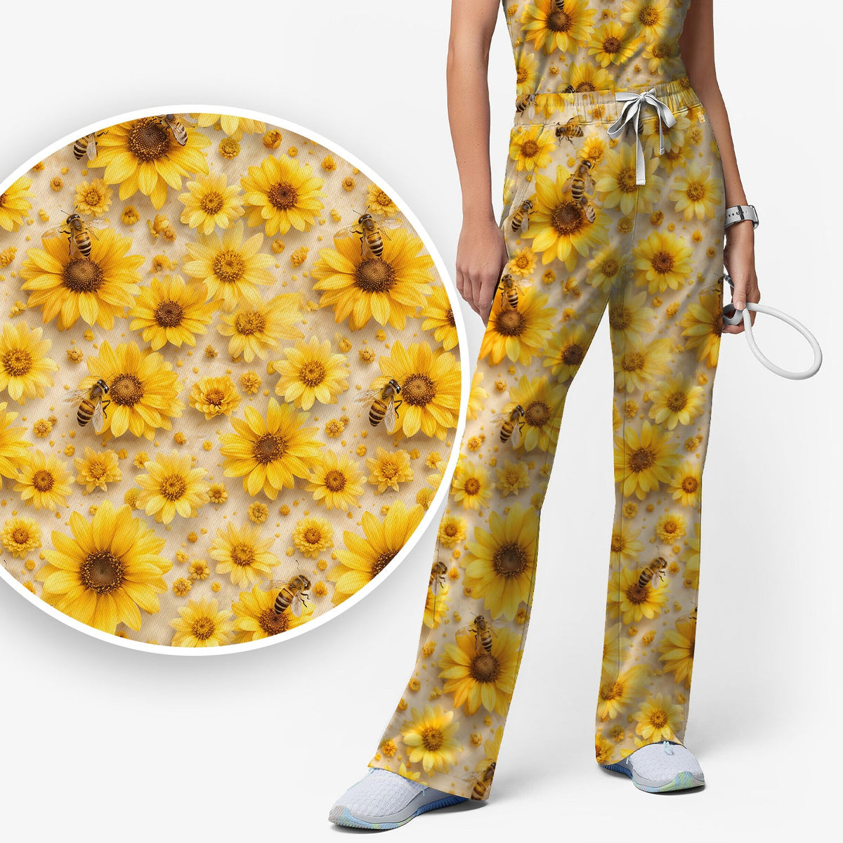 Yellow Sunflower Bee Garden Nurse Scrub Set