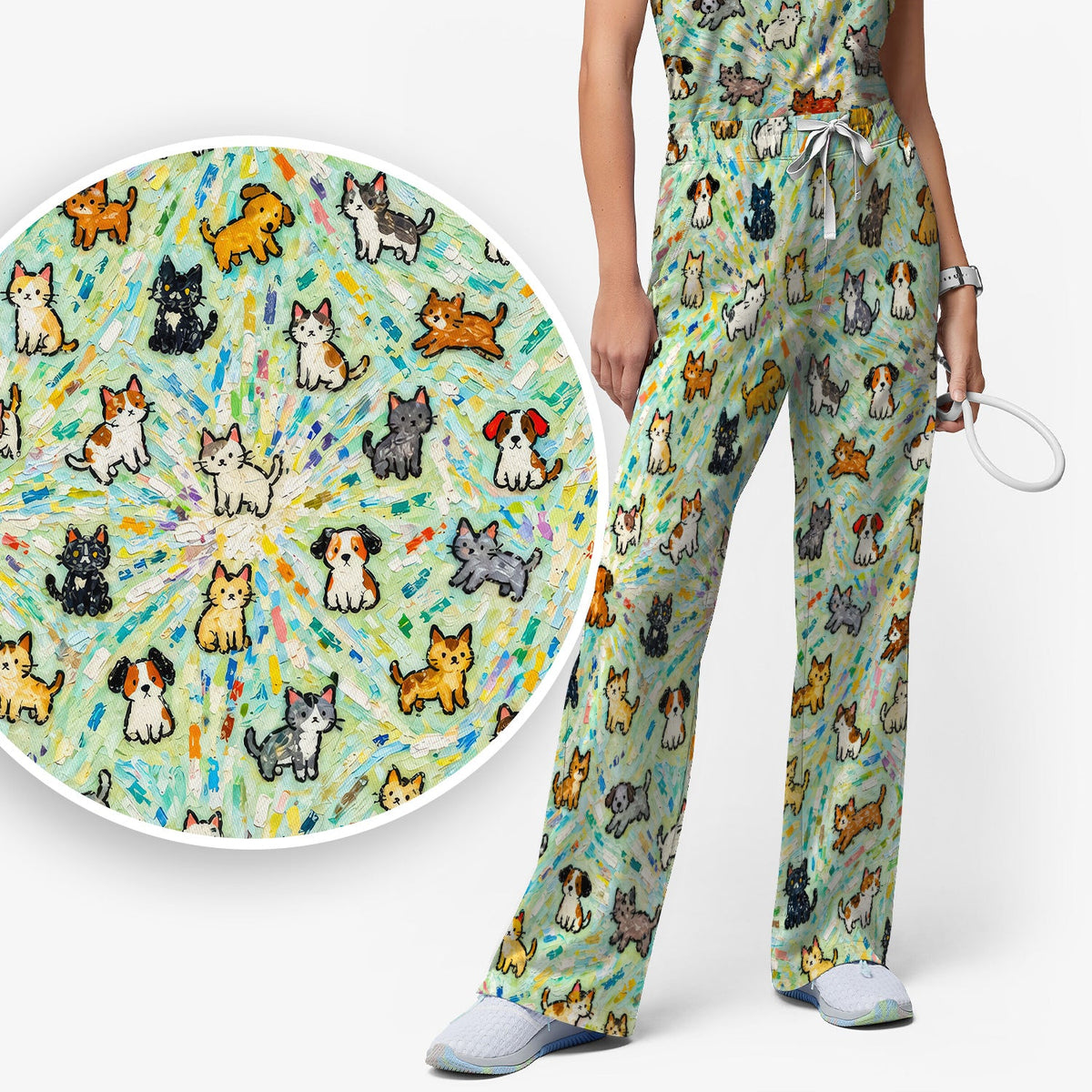 Colorful Cats Dogs Doodle Nurse Scrub Set