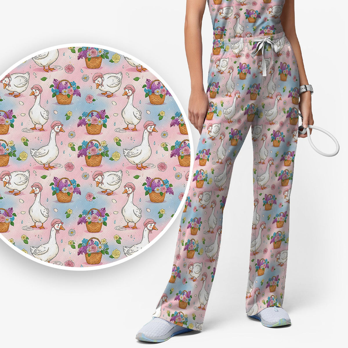 Spring Goose Flower Basket Nurse Scrub Set