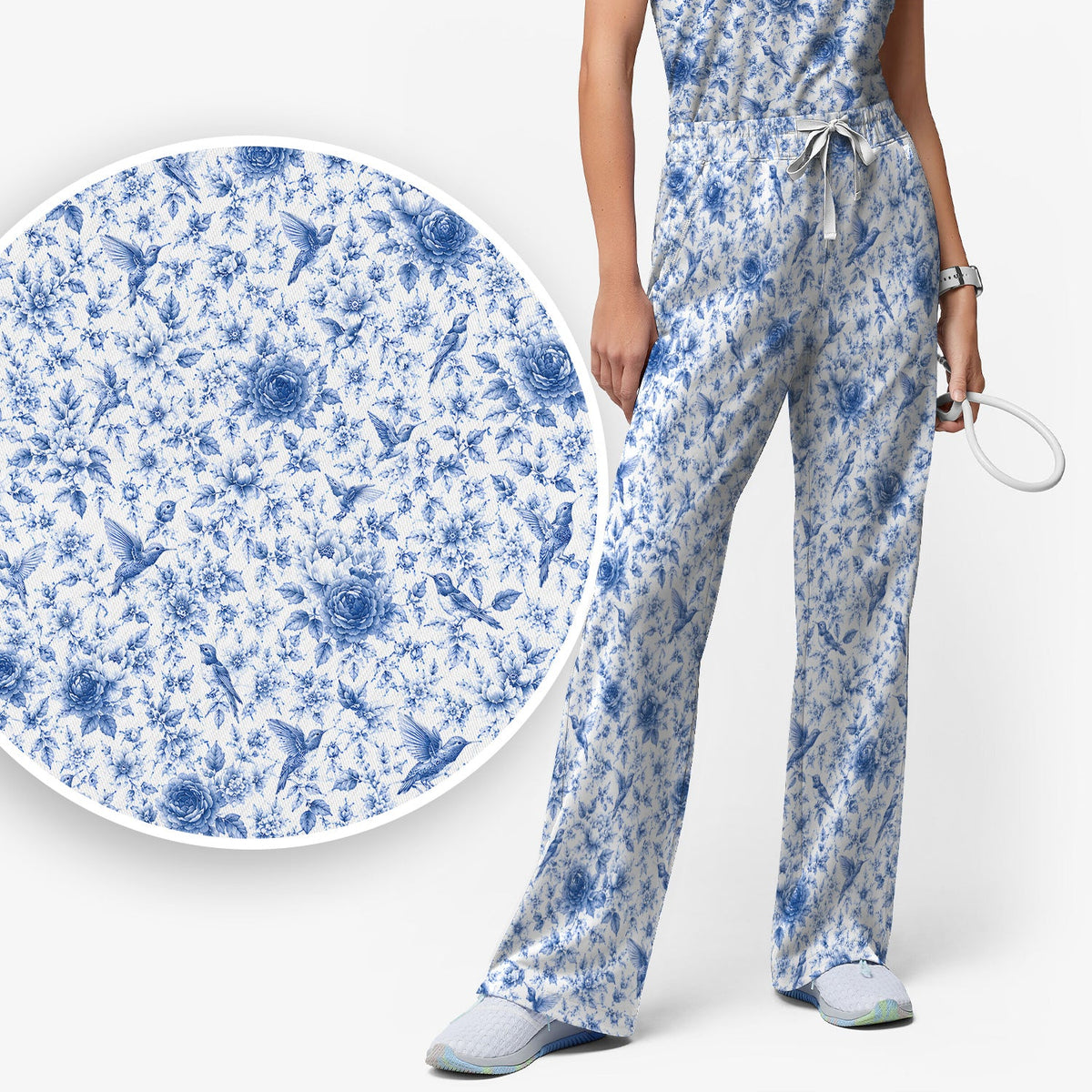 Blue Floral Hummingbird Toile Nurse Scrub Set