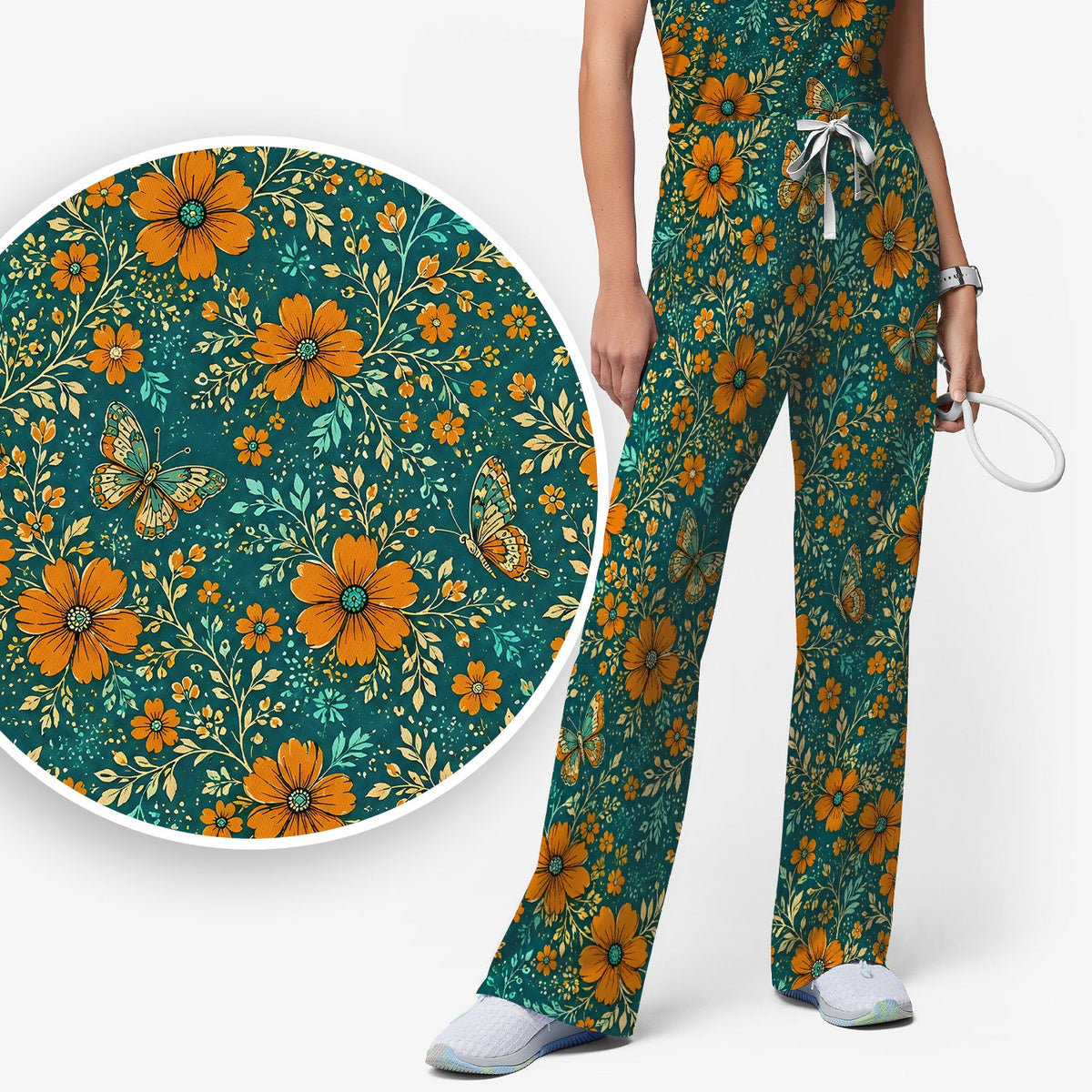 Orange Floral Butterfly Vine Nurse Scrub Set