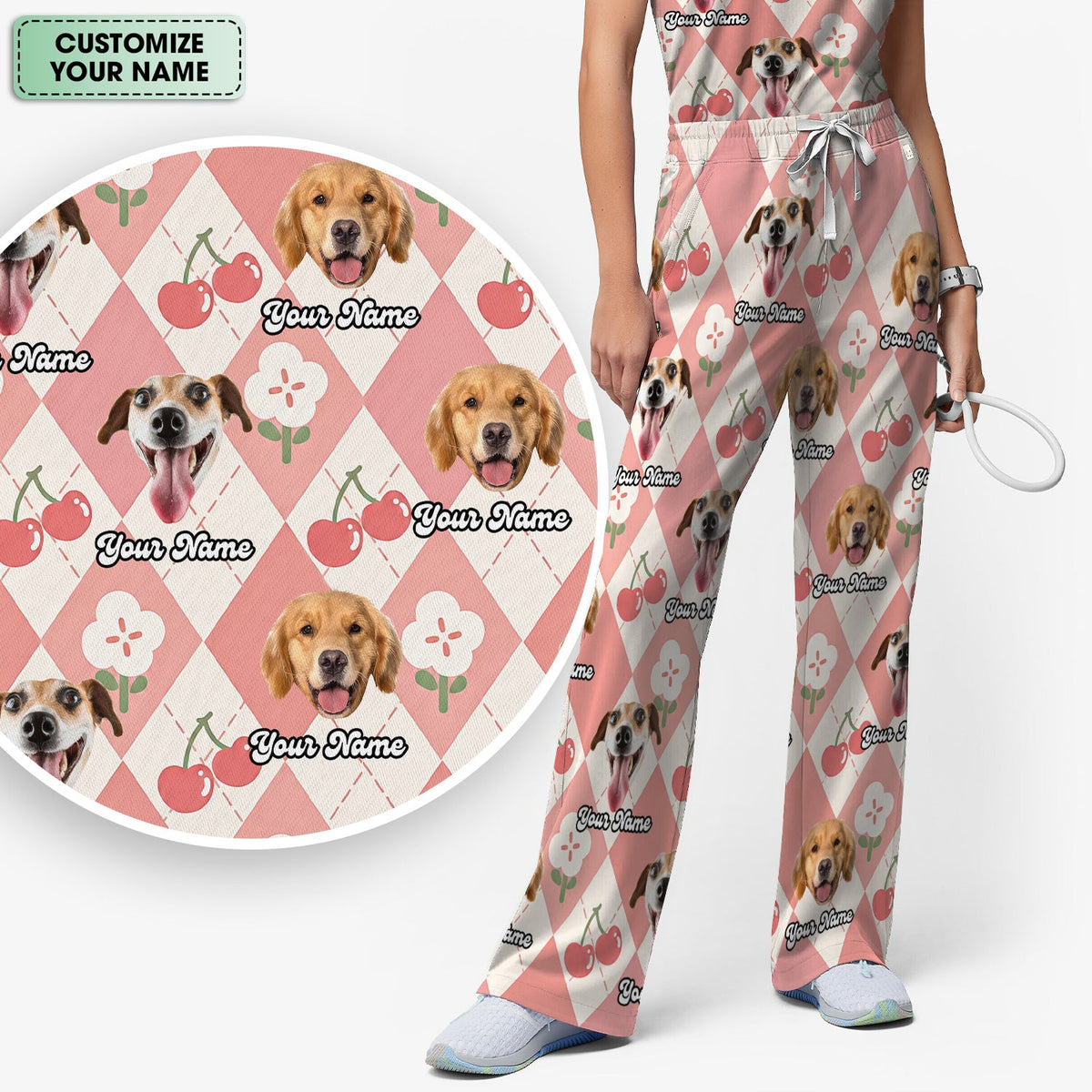Dog Face Cherry Argyle Nurse Scrub Set