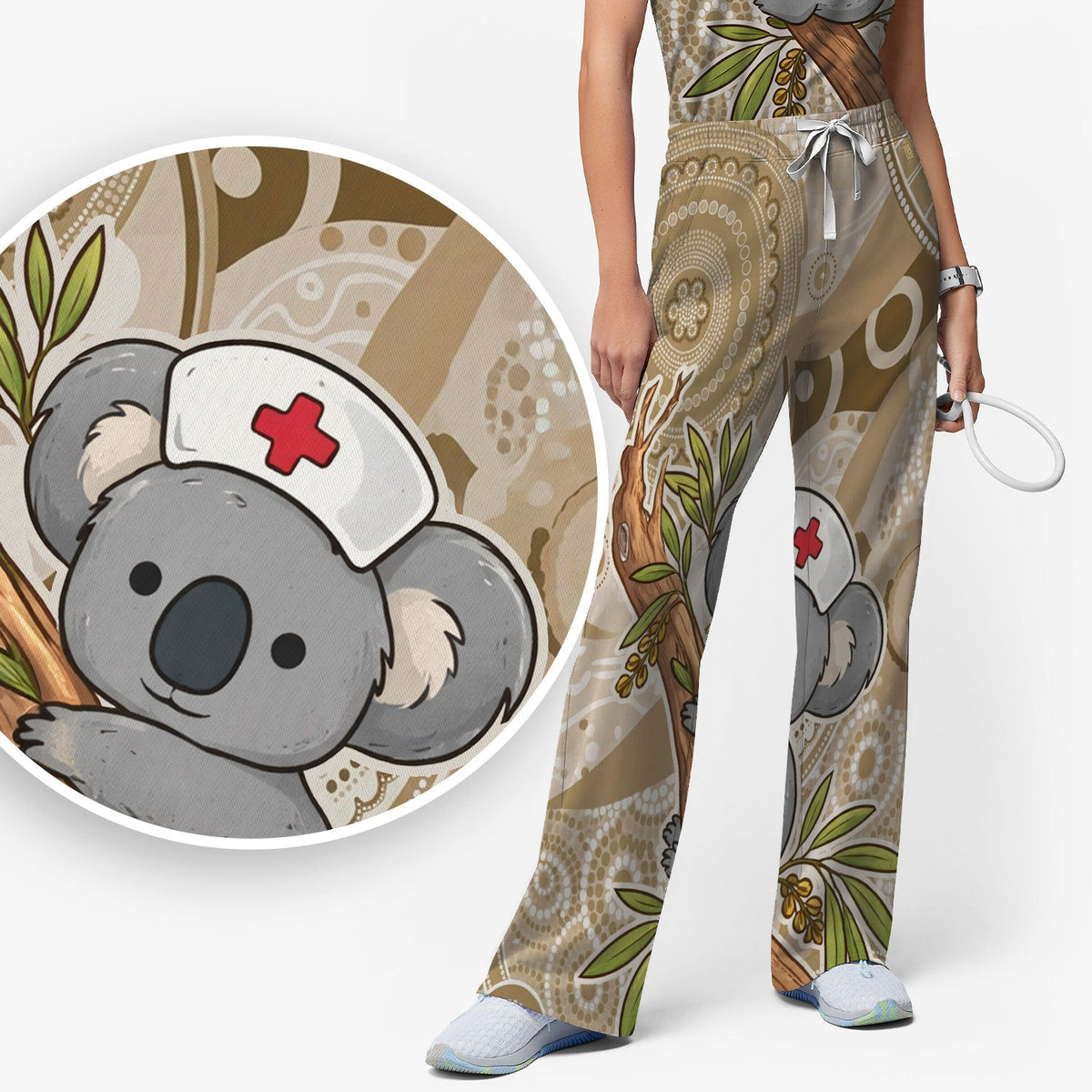 Australian Indigenous Inspired Dot Art Scrub Set, Cute Koala Pattern Nurse Shirt, Comfortable Scrubs For Nursing