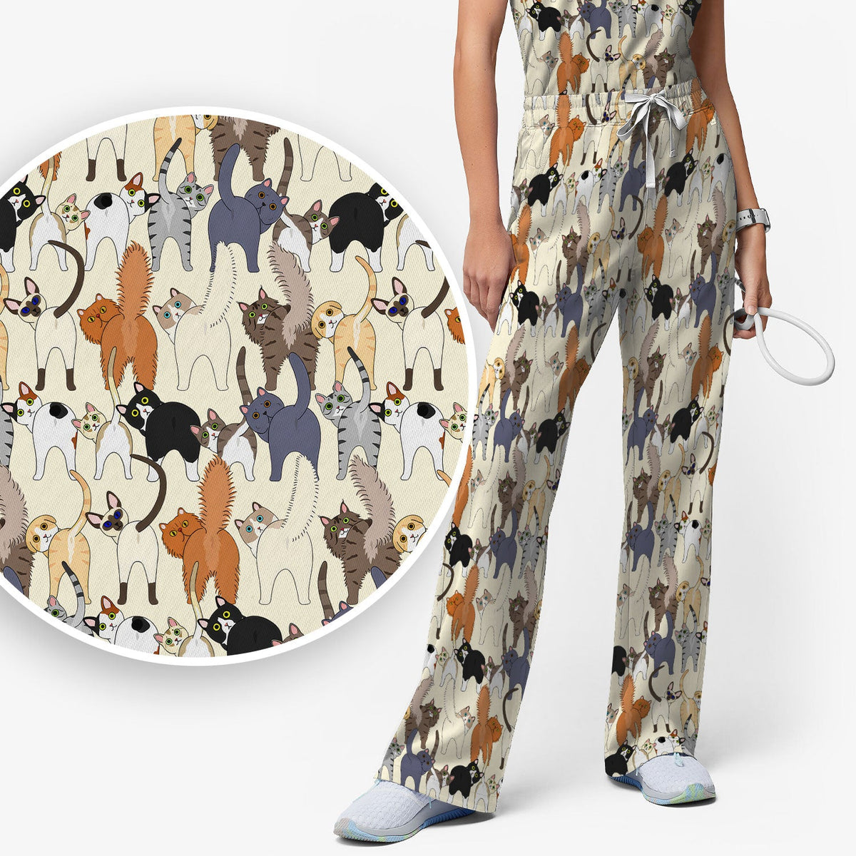 Whimsical Multicolor Cat Cartoon Nurse Scrub Set