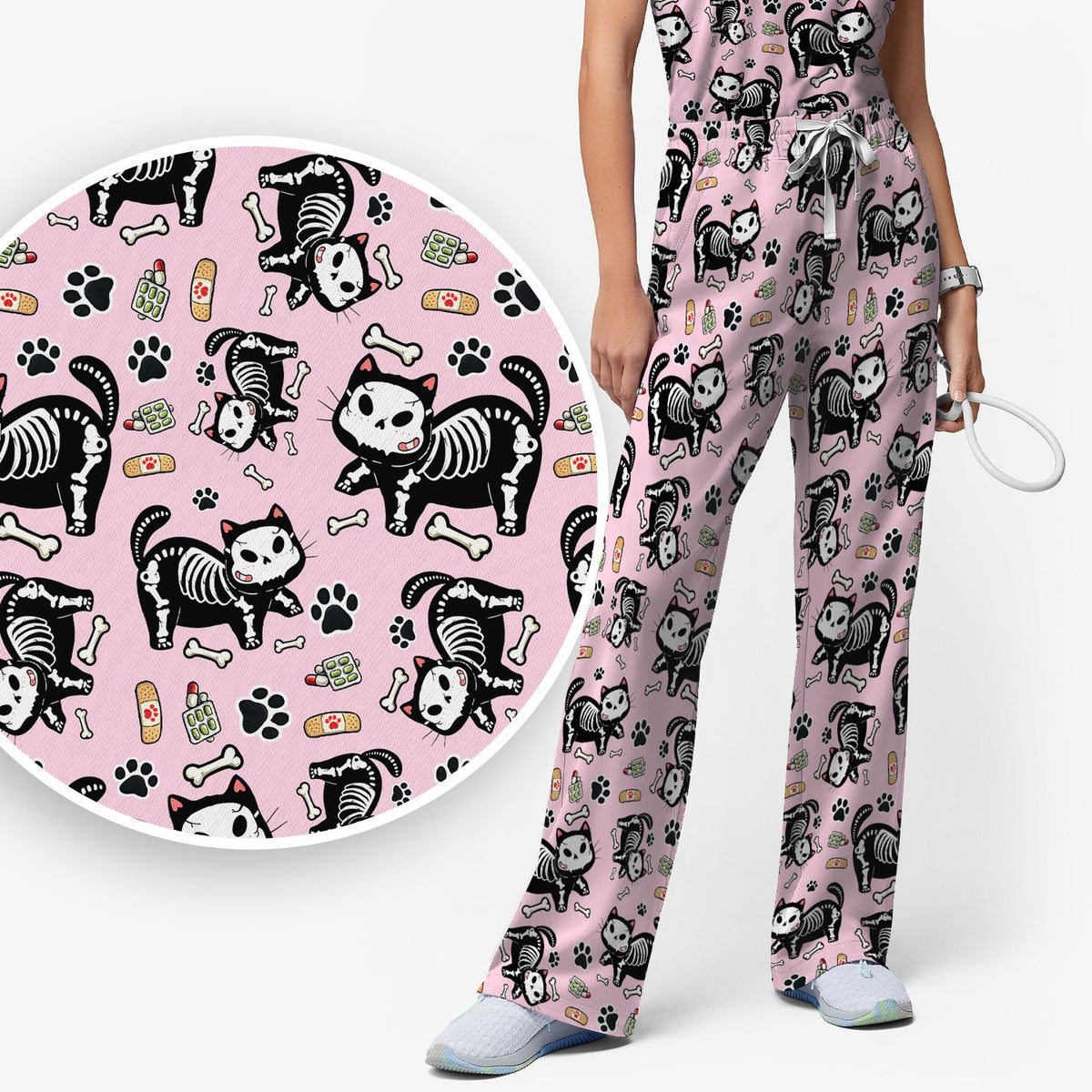 Skeleton Cat Medical Pattern Scrub Set, Scrub Pants and V Neck Top