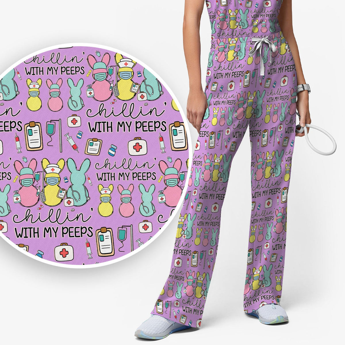Bunny Nurse Chillin With My Peeps Scrub Set - Easter Gift