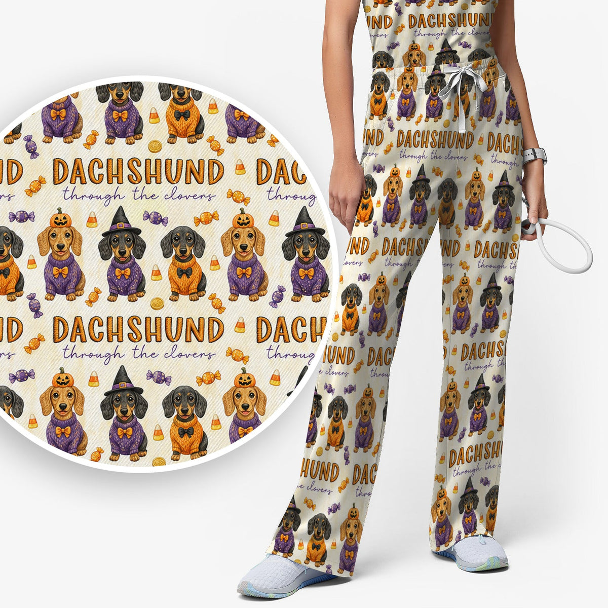 Candy Dachshund Pattern Scrub Set, Scrub Pants and V Neck Top