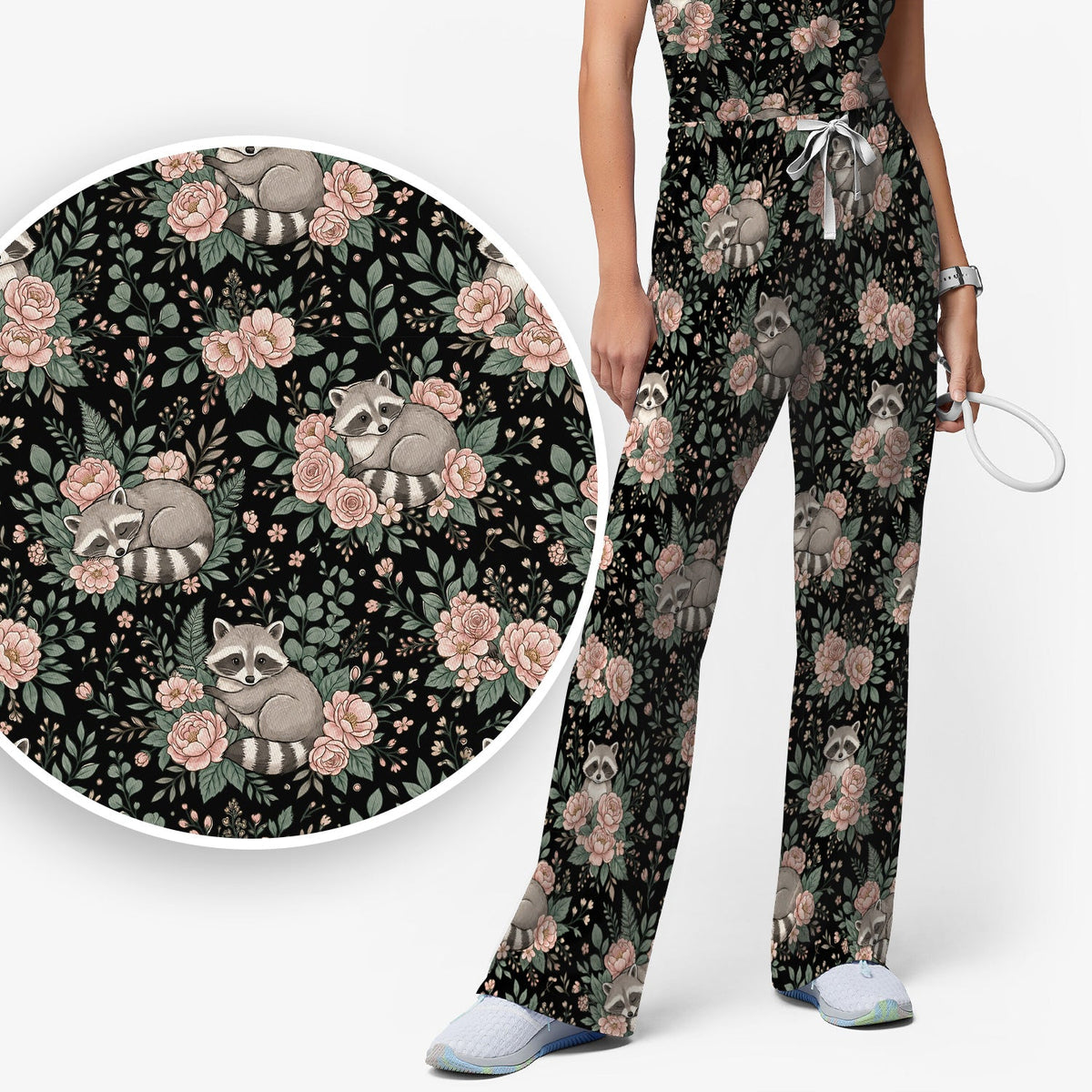 Sleeping Raccoon Rose Garden Nurse Scrub Set